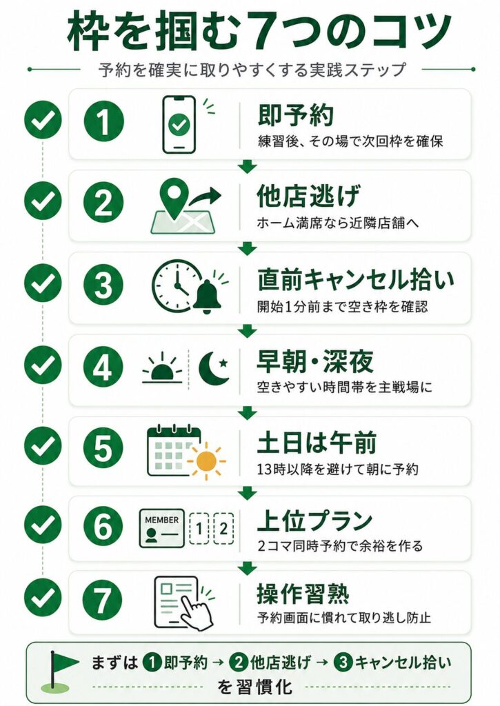 スマートゴルフの予約を確実に取るための7つのコツを、即予約から操作習熟まで優先度順に示した図解