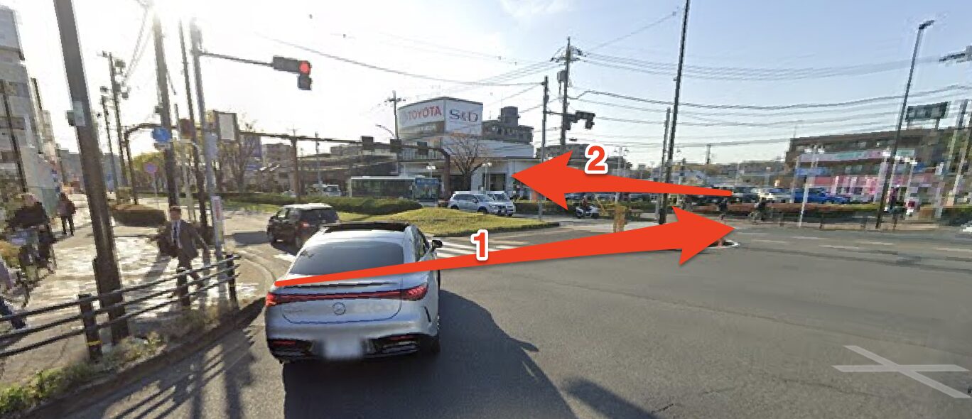 交差点で横断歩道を渡り左折