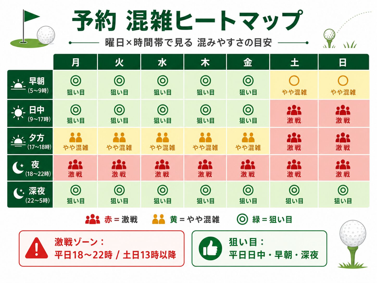 スマートゴルフの曜日別・時間帯別の予約混雑状況を示すヒートマップ。土日夕方と平日夜が混雑、平日日中と早朝深夜が狙い目